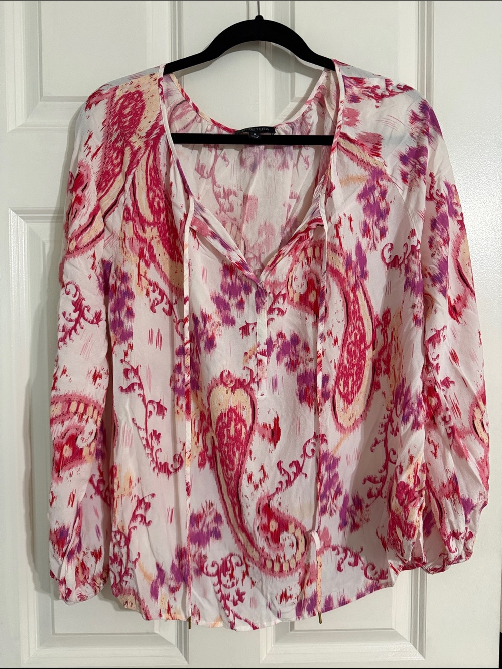 Etcetera Pink and Cream Paisley V-Neck Tie Blouse